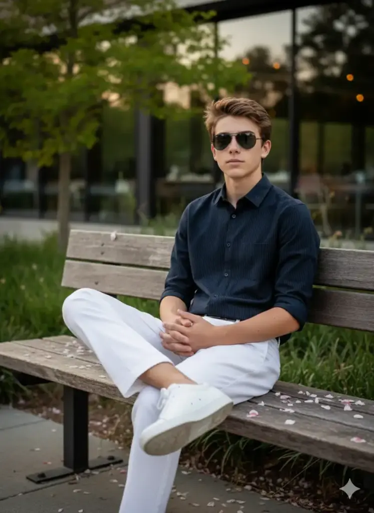 Create photo of a stylish teen boy sitting casually on a wooden bench outdoors during golden hour. He wears a dark navy-blue striped shirt with the sleeves rolled up, paired with loose-fitting white pants and white sneakers. His posture is relaxed and confident, with his hands clasped together and one leg crossed over the other. He has neatly styled hair, and wears dark sunglasses, giving off a calm and composed vibe. The background features soft greenery and a glass-fronted café or building, bathed in warm sunlight that creates a soft, cinematic glow. Scattered flower petals rest on the bench, enhancing the serene, lifestyle-photography aesthetic.