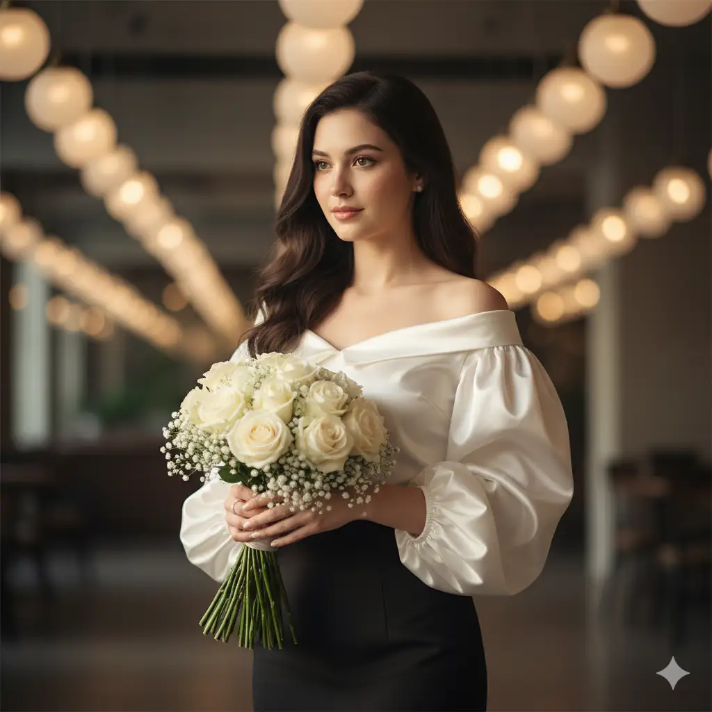 Create a sophisticated portrait of a young woman standing gracefully indoors, holding a bouquet of fresh white roses and baby's breath flowers. She wears an off-shoulder white satin blouse with voluminous puff sleeves paired with a high-waisted black skirt, creating a timeless monochrome contrast. Her long, wavy dark hair flows softly over her shoulders as warm golden light gently illuminates her face, highlighting her serene expression. The softly blurred background features round hanging lights that glow like orbs, adding depth and a romantic ambiance. The overall aesthetic is refined, cinematic, and delicate.