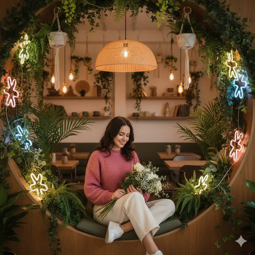 Create a cozy, aesthetic indoor portrait of a young woman sitting gracefully in a circular wooden nook surrounded by lush greenery and glowing floral-shaped neon lights. She wears a soft rose-pink sweater, cream-colored trousers, and white sneakers, holding a bouquet of fresh white and green flowers in her lap. Her expression is calm and content as she looks down at the bouquet with a gentle smile. The background shows a charming café interior decorated with hanging plants, warm pendant lights, and wooden furniture, giving off a serene, modern, and romantic vibe. The lighting is warm and balanced, with a soft glow from the circular lamp above, highlighting the inviting atmosphere. The overall mood is peaceful, elegant, and infused with natural beauty.