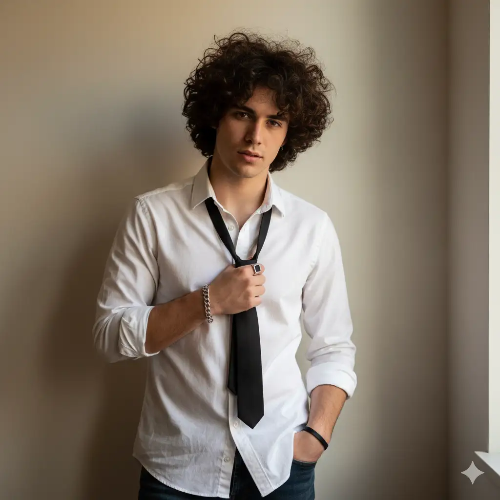 Create photo of a young man stands indoors against a softly lit, neutral-toned wall with a slightly textured corner visible beside him. He wears a white button-down shirt with natural creases, the sleeves casually rolled up, and a black tie hanging loosely around his neck as if just undone. His expression is confident and subtly intense, with tousled, voluminous curly hair framing his face. One hand grips the loose tie while the other rests in his pocket, creating a relaxed yet stylish posture. He wears simple accessories including a bracelet, a ring, and a wristband that add personality without overpowering the look. Lighting is soft and warm, enhancing the natural skin tones and emphasizing the casual, lived-in texture of the shirt. The overall mood is youthful, modern, and effortlessly cool