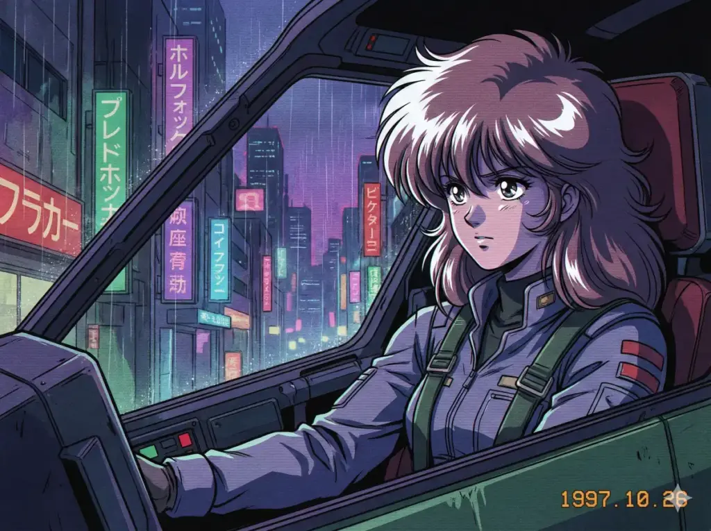 Create a retro 90s anime style screenshot. The scene features a female pilot looking out a window at a rainy neon city. The image must include a VHS film grain effect, hand-painted background textures, and distinct high-contrast white highlights on the hair and eyes, using a muted color palette in a 4:3 aspect ratio.