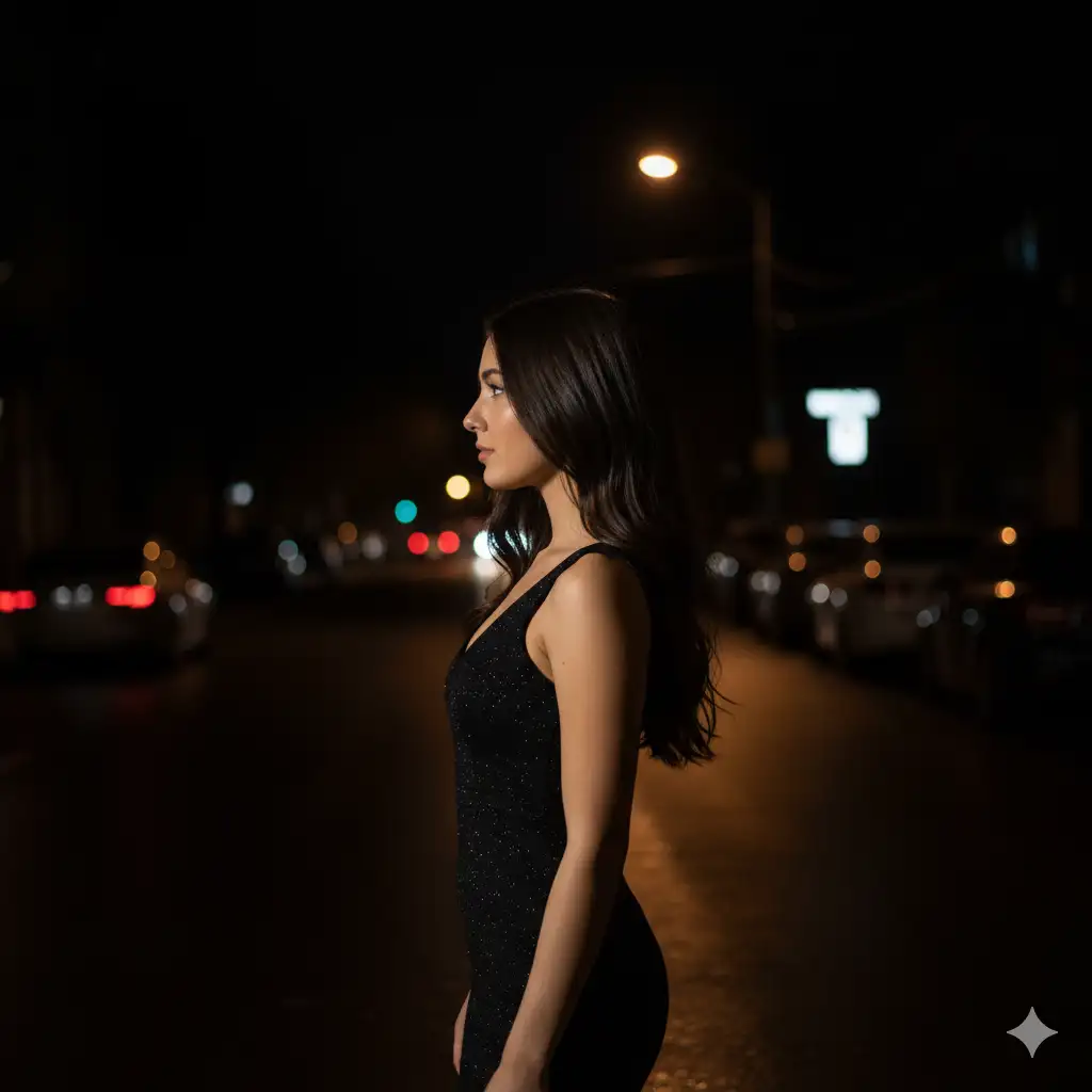 Create photo of a young woman stands outdoors at night on a dimly lit street, captured in a side profile pose. She wears a black sleeveless dress with a subtle shimmer that catches the camera flash. Her long hair falls smoothly over her shoulders and reflects a gentle warm tone from the artificial light. The background is dark, with only a few distant streetlights, car headlights, and the silhouettes of parked vehicles faintly visible. A street sign glows softly in the distance, adding a small point of contrast. The scene has a candid nightlife atmosphere with strong flash lighting on the subject and deep shadows surrounding her. Capture a nighttime street portrait with direct flash, minimal ambient light, subtle sparkle in the outfit, and a candid, spontaneous mood.