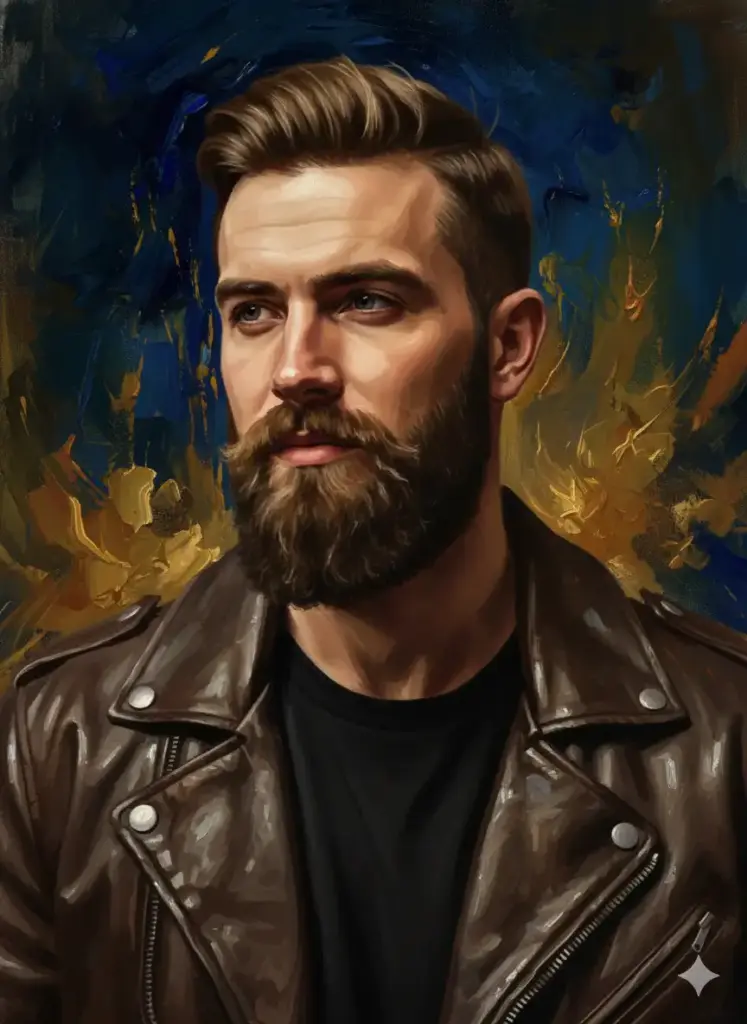 Create a highly detailed and artistic profile picture for social media in a digital oil painting style, based on my photo of a man. He is wearing a rugged dark leather jacket over a simple black t-shirt, giving him a creative and modern look. The background is an abstract canvas of textured brushstrokes in deep blues and warm gold tones that complement his features. The image should feature dramatic chiaroscuro lighting that carves out his facial structure, with a strong key light from one side. He should have a thoughtful, slightly off-camera gaze, captured in a dynamic bust-up composition that feels like a masterpiece portrait.
