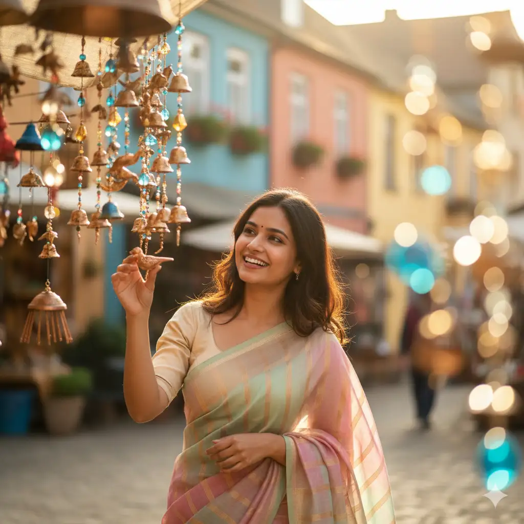 Create a joyful street portrait of a young woman admiring a colorful display of hanging trinkets and wind chimes at an outdoor market. She's smiling brightly, her expression full of delight and curiosity as she gently touches one of the ornaments. She wears a soft pastel saree in shades of pink, green, and gold over a light yellow blouse, the delicate fabric catching the natural daylight beautifully. The background shows a charming, slightly blurred street with colorful old buildings, adding to the warm, nostalgic atmosphere. The hanging decorations shimmer in shades of blue, gold, and copper, creating a dreamy bokeh effect that enhances the festive, carefree mood.