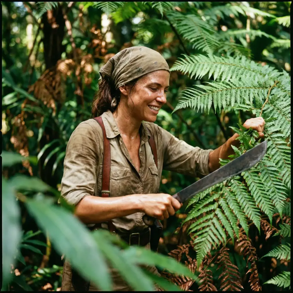 Create a vibrant cinematic shot deep within a tropical jungle. A female explorer is hacking through large fern leaves with a machete (held safely away from the lens). She wears a sweat-stained khaki shirt, leather suspenders, and a bandana tied around her forehead. Her skin is glistening with sweat and humidity. The lighting is dappled, with sunlight breaking through the dense canopy above, illuminating her face in patches. The colors should be lush, saturated greens and earthy browns. Use a shallow depth of field to blur the foreground leaves, adding depth to the frame. Aspect ratio 1:1.