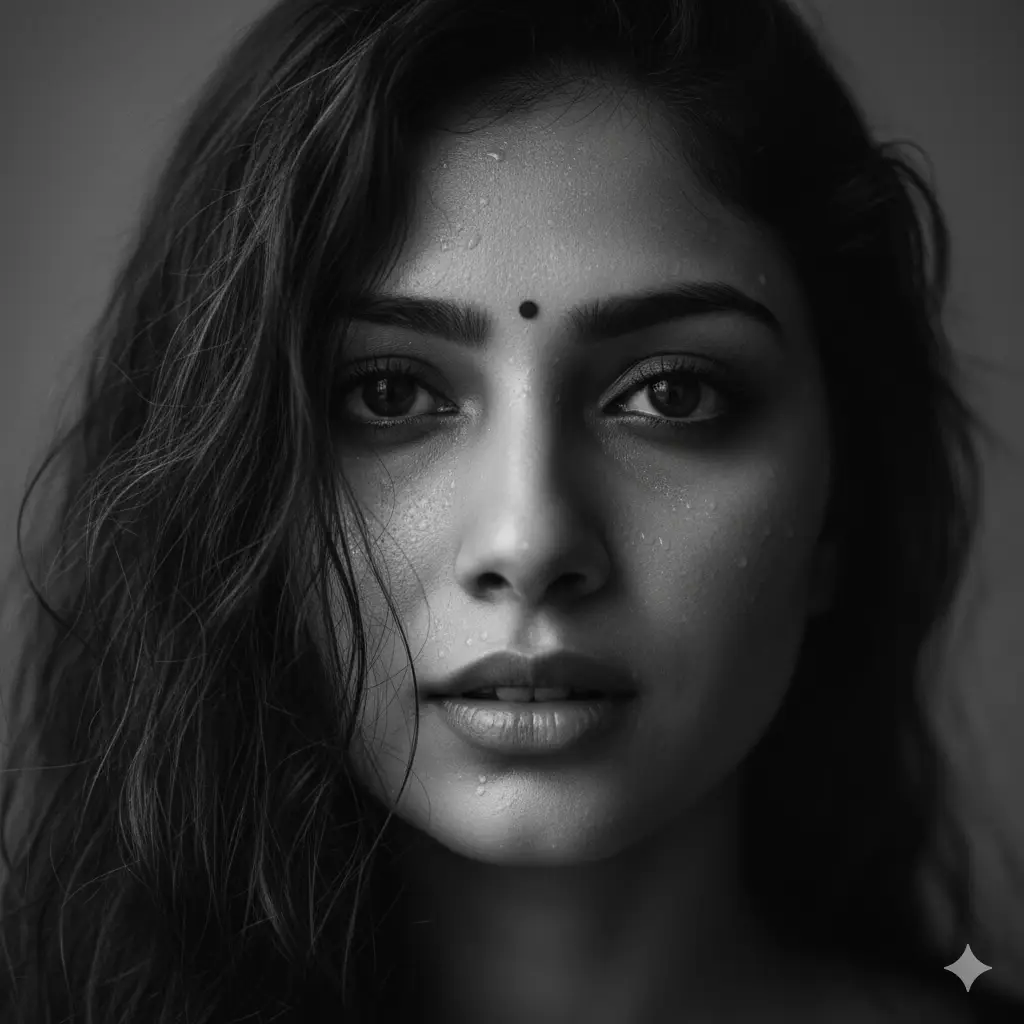 Create a close-up monochrome portrait of a woman captured in an intimate, moody style. Only half of her face is fully visible, creating a sense of mystery. Her long dark hair falls loosely across her face with delicate strands partially covering one eye. Her skin has subtle water droplets that catch soft highlights, adding texture and emotional depth. She wears a small bindi at the center of her forehead, enhancing the cultural nuance of the portrait. Her expression is calm with slightly parted lips and reflective eyes that look directly toward the viewer. The lighting is gentle and shadowed, sculpting her features while keeping much of the frame in soft darkness. The overall mood is atmospheric, delicate, and evocative with a strong focus on eyes, texture, and quiet emotion.