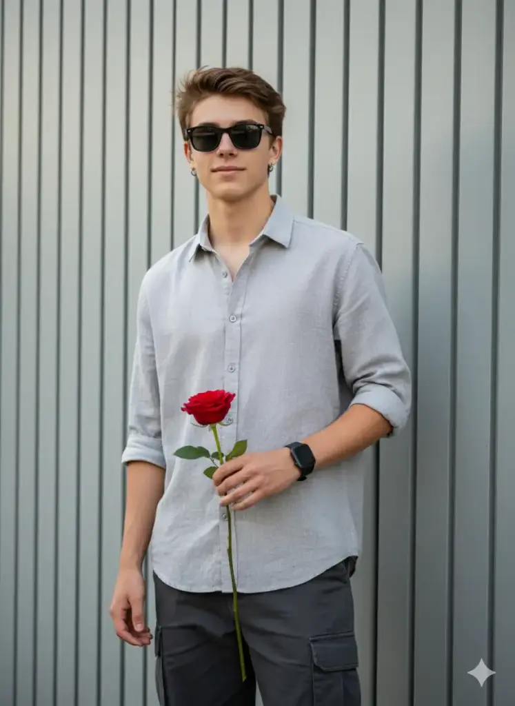 Create photo of a stylish teenager posing confidently against a sleek, light gray vertical-paneled wall in soft daylight. He wears a loose, light gray button-up shirt with the sleeves casually rolled up, paired with dark gray cargo pants. His accessories include dark square sunglasses, small hoop earrings, and a black wristwatch, giving him a cool, urban vibe. He holds a single red rose in one hand, which stands out vividly against the neutral-toned outfit and background. His expression is relaxed and friendly, with a slight smile and effortless posture. The overall scene is minimalist and modern, emphasizing contrast between the bright rose and the muted tones of his outfit.