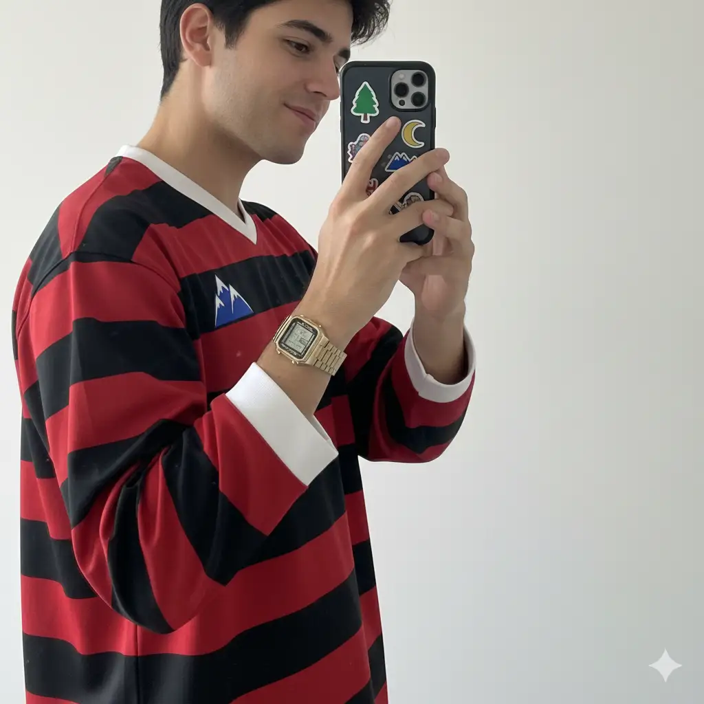 A modern mirror selfie of a young man captured in profile, standing against a plain white wall. He's wearing a red and black striped long-sleeve football jersey, giving off a sporty, casual aesthetic. He holds a smartphone in one hand, featuring a dark case with nature-themed stickers. A metallic gold digital wristwatch adds a sleek, retro accent to his outfit. The lighting is soft and natural, creating a clean, minimalist composition with sharp detail and balanced contrast. The overall atmosphere is effortlessly cool and introspective, blending everyday realism with subtle modern edge.