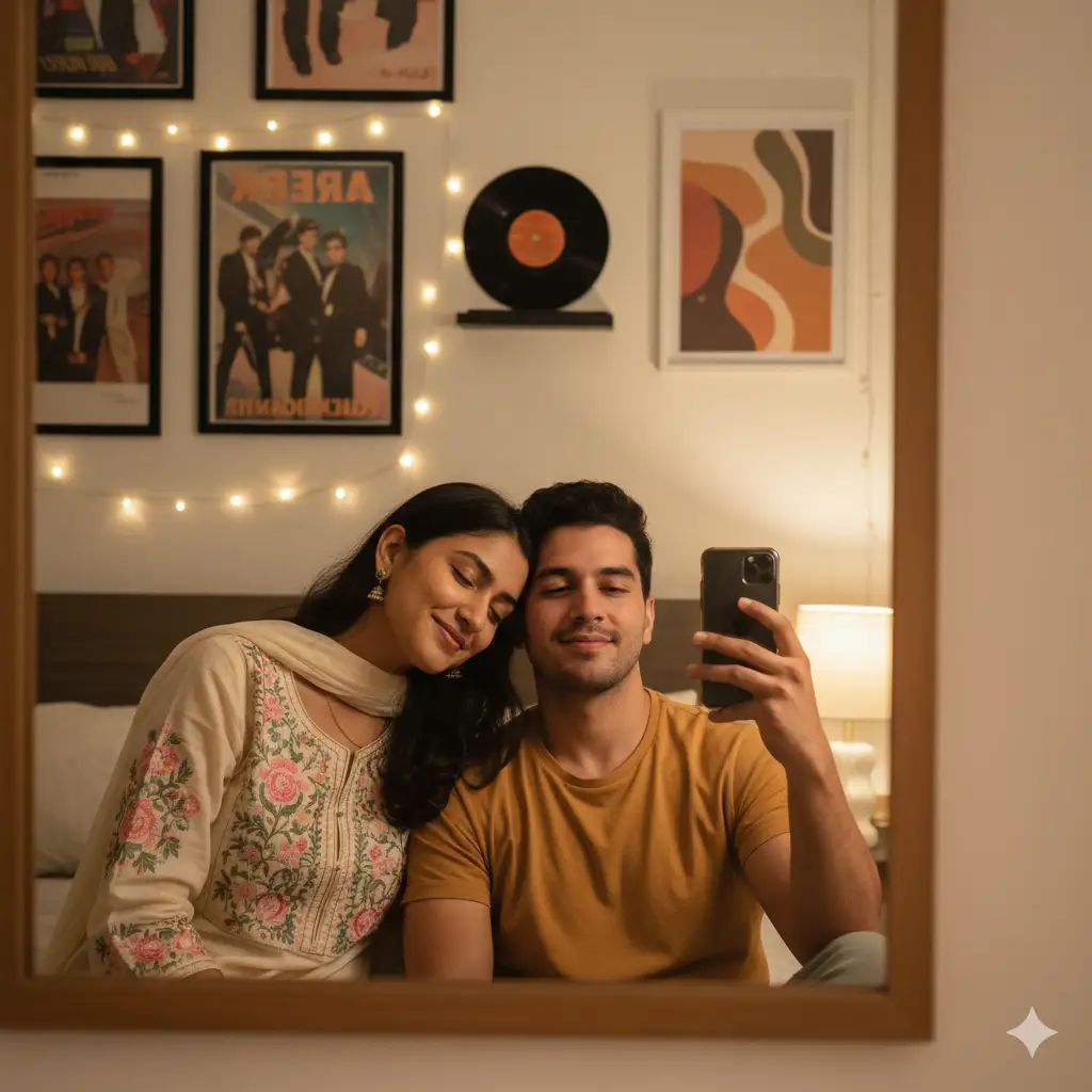 A warm and intimate mirror selfie of a young couple standing close together in a softly lit bedroom. The woman rests her head affectionately on the man's shoulder, both of them wearing gentle, content expressions. She wears a cream-colored traditional tunic adorned with intricate floral embroidery in soft pinks and greens, while he wears a casual mustard-yellow T-shirt. The background features cozy ambient lighting with delicate string lights draped along the wall, framed posters, and subtle decorative details like a vinyl record and warm-toned wall art. The photo feels candid and heartfelt, with a nostalgic, homely atmosphere. The mirror reflection adds depth, and the soft lighting enhances the tender connection between the two.