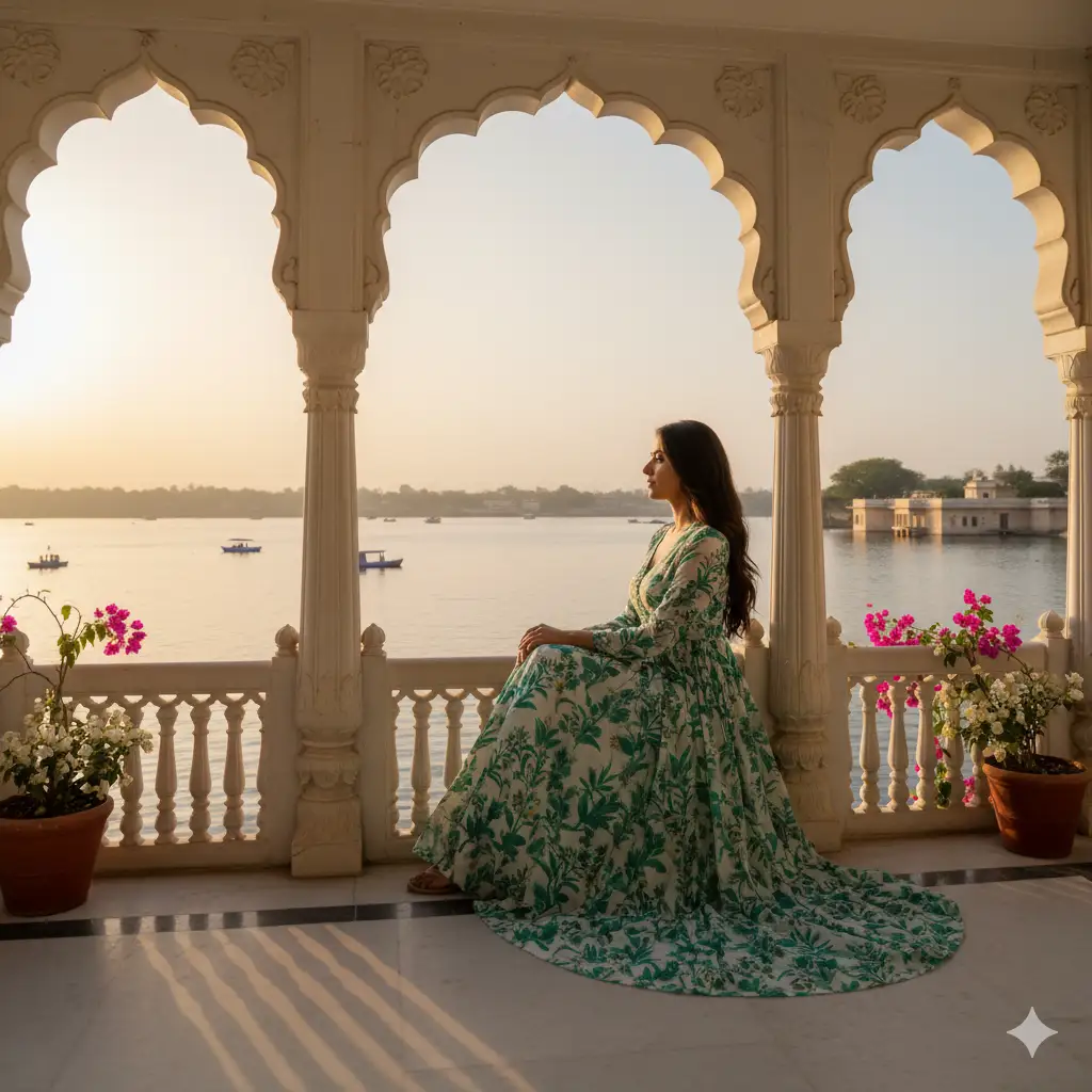 Create a photo of a serene and elegant woman sitting on a traditional white marble balcony overlooking a calm lake at sunset. The architecture features intricate Indian arches and ornate columns, painted in soft white tones. She wears a flowing, light dress with a green botanical pattern, her long dark hair cascading down her back as she gazes thoughtfully toward the horizon. The balcony is adorned with vibrant flowering vines of pink bougainvillea and potted white blooms, adding a delicate natural charm to the scene. In the background, boats float gently on the water, and golden-hued buildings reflect the warm evening light across the lake.
