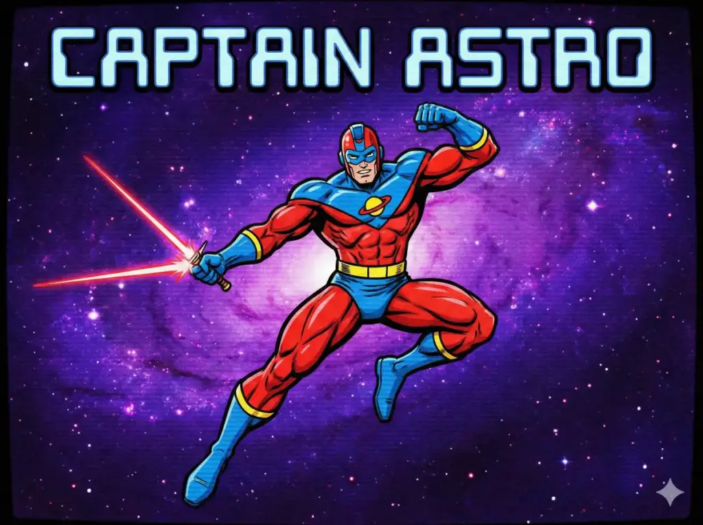 Create an 80s Saturday morning cartoon action shot. A muscular space hero with a laser sword is striking a dynamic pose against a starry purple background. The image should feature heavy black shadows, cel-shaded coloring, and a slightly low-budget hand-drawn animation look with vibrant, saturated colors in a 4:3 TV aspect ratio.