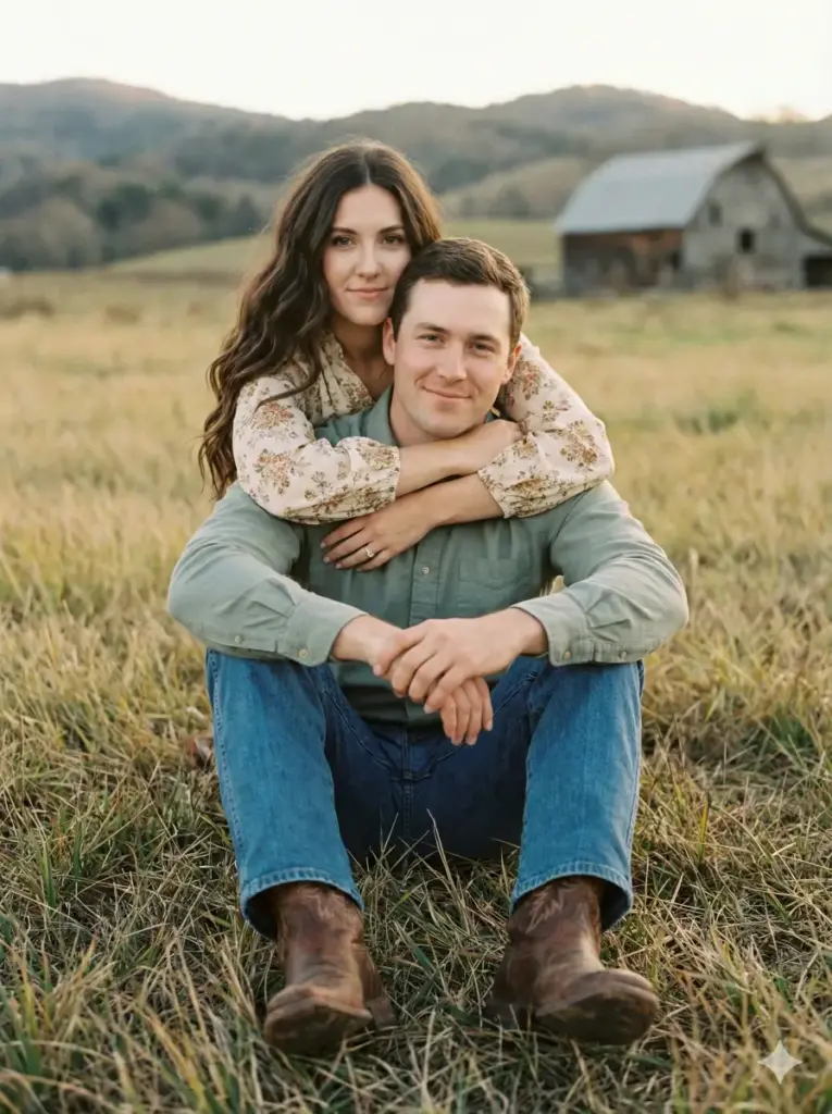 Create a warm, rustic outdoor portrait of a couple sitting together on a grassy field. The man sits cross-legged on the ground wearing a sage-green buttoned shirt, blue jeans, and brown leather cowboy boots with subtle stitching. He smiles gently, hands clasped loosely in front of him. The woman sits behind him, wrapping her arms around his shoulders with straight arms, crossing her wrists as she hugs him from behind. She has long wavy dark hair and wears a light cream floral blouse with soft, vintage-style patterns. Both look relaxed and affectionate. Capture the scene with muted, earthy tones and a slightly desaturated, film-inspired color grade. Use aspect ratio 3:4