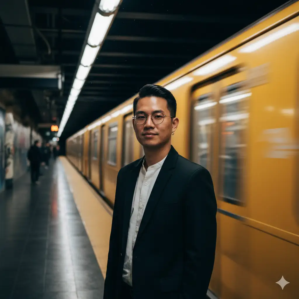 Create a cinematic urban portrait of a man standing on a subway platform as a yellow train rushes by in the background. The motion blur of the train creates a dynamic sense of movement and energy, contrasting with the subject's calm and composed stance. He wears a sleek black blazer over a white shirt, paired with round glasses and a subtle earring, a modern, minimalist look that conveys quiet confidence and sophistication.