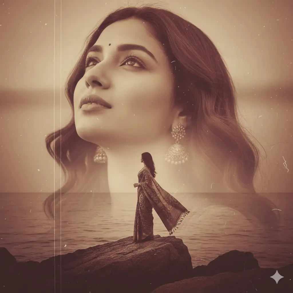 Create a soft, nostalgic double-exposure artwork in warm sepia tones. Blend a serene close-up portrait of a woman gazing upward with calm, hopeful expression and elegant traditional earrings with a full-body scene of the same figure standing on a large rock by the ocean. The portrait should dominate the upper half of the composition, with gentle light highlighting her eyes, cheeks, and flowing hair. Within the silhouette of the larger face, subtly integrate the distant horizon, soft waves, and the figure's silhouette facing the sea, wrapped in a detailed patterned saree that moves gently in the breeze. Add faint film textures, vertical scratches, dust particles, soft flicker, to evoke an old cinematic or vintage-photography style. Maintain a dreamy, reflective mood with smooth gradients, soft shadows, and an overall sense of quiet introspection and memory.