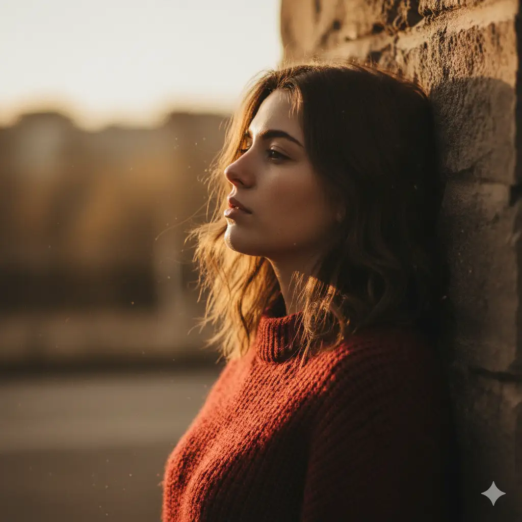 Create a cinematic portrait of a young woman in warm afternoon light, soft focus on her face, golden highlights catching her hair, wearing a dark red textured sweater, leaning against a wall with deep shadow contrast and moody atmosphere.