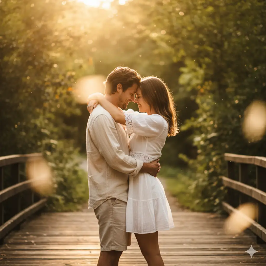 A dreamy, sunlit romantic portrait of a couple standing on a wooden bridge surrounded by lush greenery. The man, dressed in a light beige shirt and shorts, holds the woman close with a tender smile. The woman, wearing a short white dress, has her arms gently wrapped around him as they lean in affectionately, foreheads almost touching. The soft sunlight filters through the trees behind them, casting a warm golden glow and lens flares that add a magical, ethereal feel. The background is softly blurred, with a mix of green and golden tones from the sunlit leaves, creating a warm and intimate atmosphere.