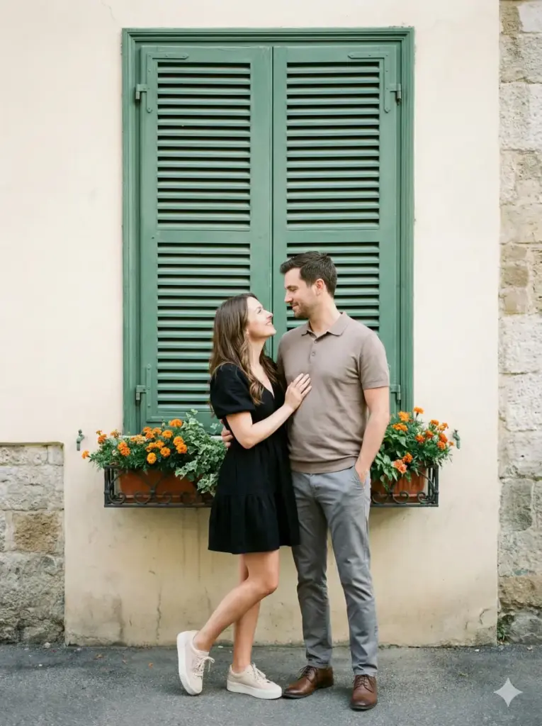 Create a charming, lifestyle-style couple portrait taken outdoors against a large vintage green shuttered window set in a cream and stone-textured wall. The couple stands close, facing each other with gentle, affectionate expressions. The woman wears a stylish short black dress with short sleeves and light-colored platform sneakers. She rests one hand on the man's chest and the other around his waist, smiling up at him warmly. The man wears a taupe-brown polo shirt and charcoal grey pants, one hand in his pocket as he looks at her with a relaxed, tender gaze. Below the window, a decorative wrought-iron flower box overflows with vibrant orange blossoms and fresh green leaves, adding a romantic European street aesthetic. Use 3:4 aspect ratio.