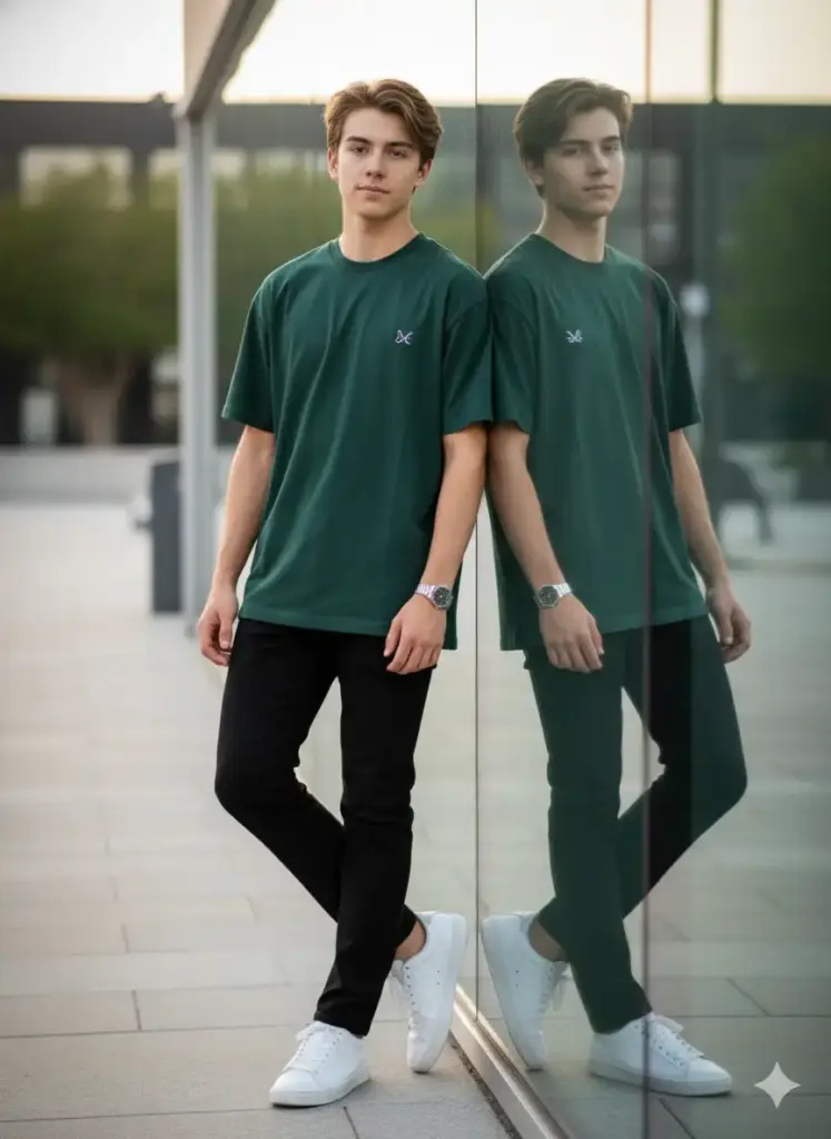 Create photo of a young man posing confidently beside a reflective glass wall in a modern outdoor setting during soft evening light. He wears a dark green oversized T-shirt with a small designer logo on the chest, paired with black trousers and clean white sneakers. His accessories include a silver wristwatch, adding a subtle touch of sophistication. One leg is crossed casually over the other as he leans slightly on the glass wall, his reflection visible beside him. The lighting is balanced and cinematic, emphasizing his outfit and the reflective surfaces.