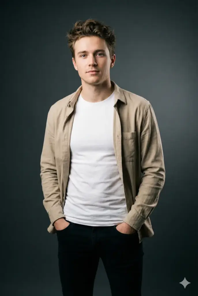 Create a studio portrait of a young man standing with a relaxed but confident posture, hands lightly in his pockets. He wears a fitted white crew-neck t-shirt layered with a beige overshirt and slim black jeans. His expression is calm, with soft eye contact. Use soft key lighting from the left and subtle rim light on the right to shape the face. The backdrop should be a smooth charcoal gradient for a modern tone. Add crisp detail on the hair and facial texture. Use aspect ratio 2:3.
