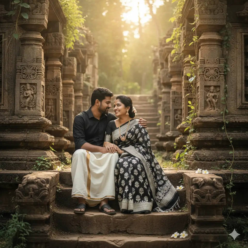 A romantic couple sitting together on the stone steps of an ancient architectural structure featuring tall, ornately carved stone pillars. The man, wearing a black shirt paired with a traditional white mundu (dhoti), sits close beside the woman with one arm around her shoulders. The woman, dressed elegantly in a black and white patterned saree with floral designs, smiles warmly as they gaze into each other's eyes. The soft natural light enhances the earthy tones of the stone pillars and the green foliage visible in the background, creating a peaceful and timeless atmosphere.