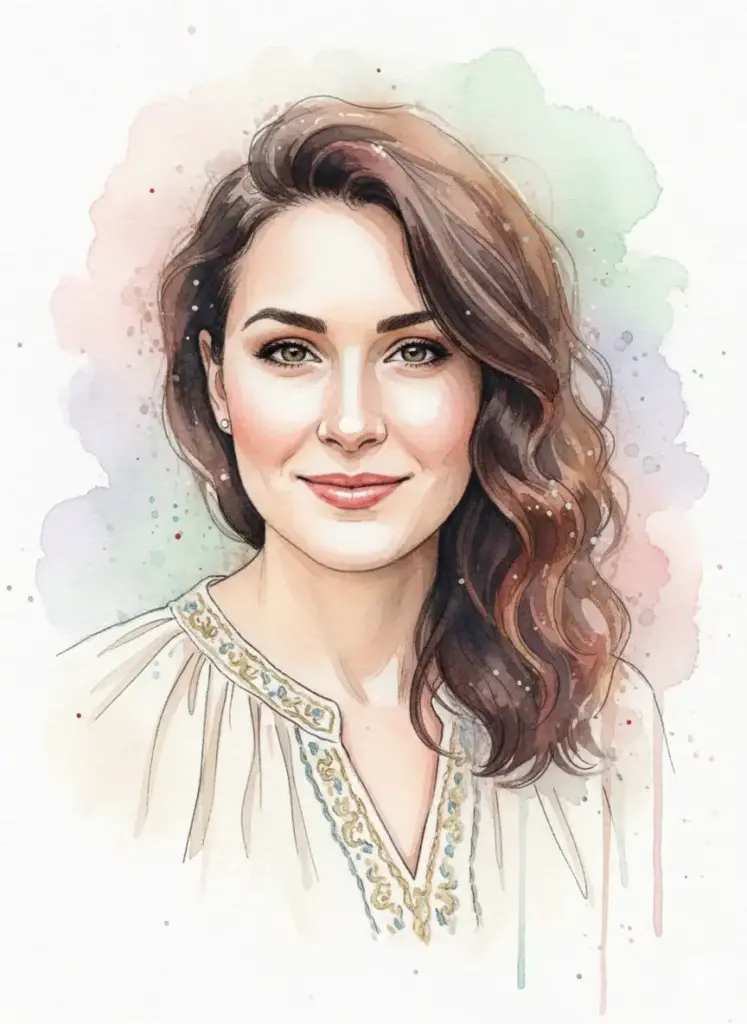 Create a beautiful and artistic social media profile picture based on my photo of a woman, rendered in an ethereal watercolor and ink style. She is wearing a flowing bohemian-style blouse with subtle embroidery details around the collar, enhancing the creative aesthetic. The background should be a soft, dreamlike wash of bleeding watercolors in pastel pinks, lavenders, and soft greens, with delicate ink-splatter details. The lighting is soft and diffused, as if filtered through a misty window, giving her a gentle glow. The composition is a close-up portrait with a serene and gentle expression, looking towards the viewer with captivating, highly detailed eyes.