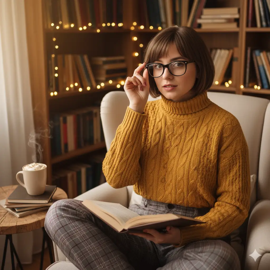 Create a medium shot photo of a cute woman with short, bob-cut brown hair and thick-framed glasses perched on her nose. She is wearing a cozy, mustard yellow turtleneck sweater and high-waisted, plaid trousers. Her pose is studious yet adorable; she is sitting cross-legged on a plush, cream-colored armchair, with an open book in her lap, looking up at the camera with a curious and slightly shy expression, pushing her glasses up with one finger. The background is a cozy, book-lined corner of a room, with warm fairy lights twinkling behind her and a steaming mug of cocoa on a small wooden table nearby. The composition is a comfortable medium shot, capturing her from the waist up, creating a warm and inviting feeling.