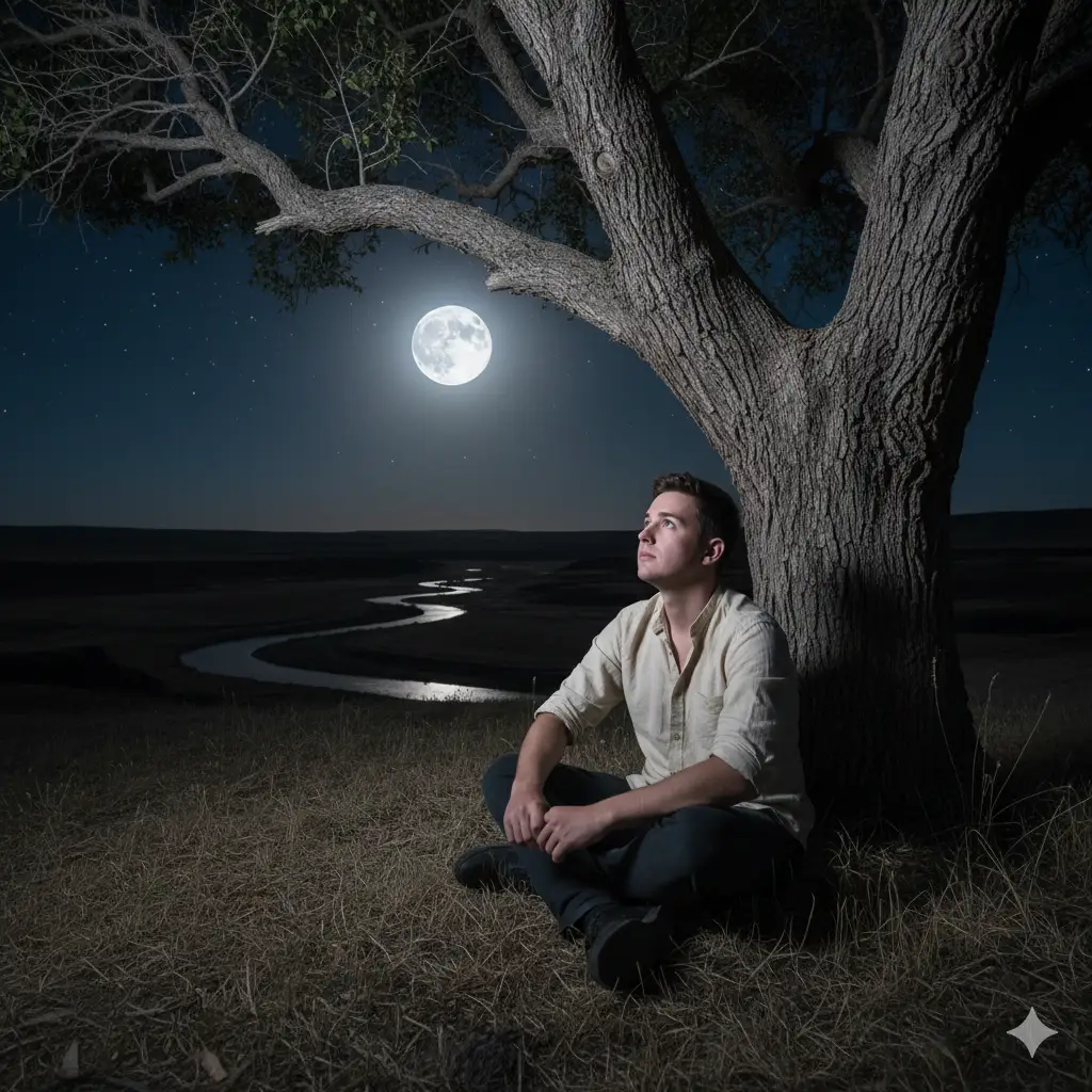 Create a contemplative night-time portrait of a young man sitting under a large, textured tree in an open landscape, gazing thoughtfully at the full moon. He wears a light beige shirt with the sleeves rolled up and dark trousers, his posture relaxed yet introspective. The moon casts a cool, silvery light over the scene, illuminating his face and the dry grass around him. A faint river winds through the valley in the distance, reflecting the moonlight. The atmosphere is calm and cinematic, filled with solitude, reflection, and quiet wonder beneath the vast night sky.