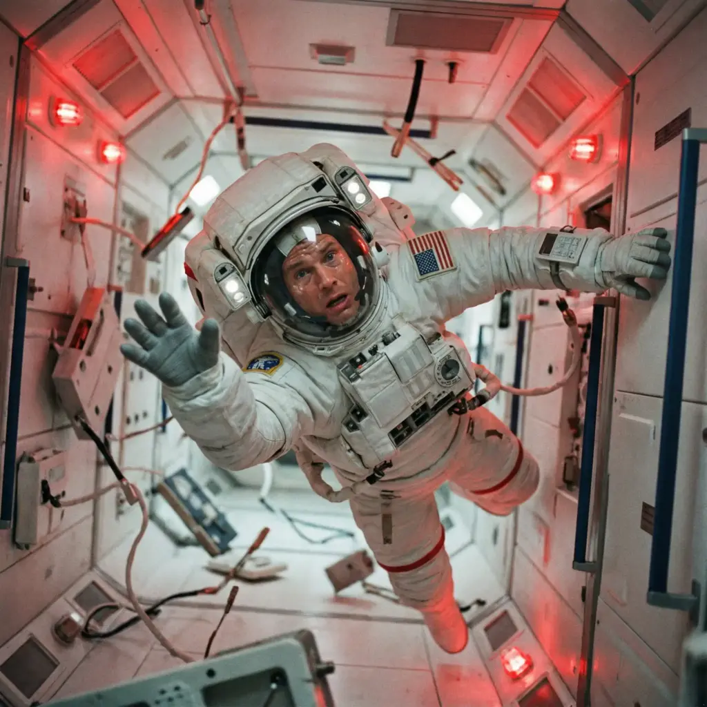 Create a tense, atmospheric cinematic shot inside the sterile white corridor of a spaceship. A male astronaut is floating in zero-gravity, captured in a dynamic, twisted posture as if pushing off a wall. He is wearing a bulky white extra-vehicular activity suit with the helmet visor open. His face is sweating, lit by the flashing red emergency strobe lights of the ship, creating a sense of panic. The background is clean but cluttered with floating debris. Use a wide-angle lens to exaggerate the perspective of the corridor and the astronaut's hand reaching toward the viewer. The color grading should be clinical white mixed with alarming red. Aspect ratio 1:1.
