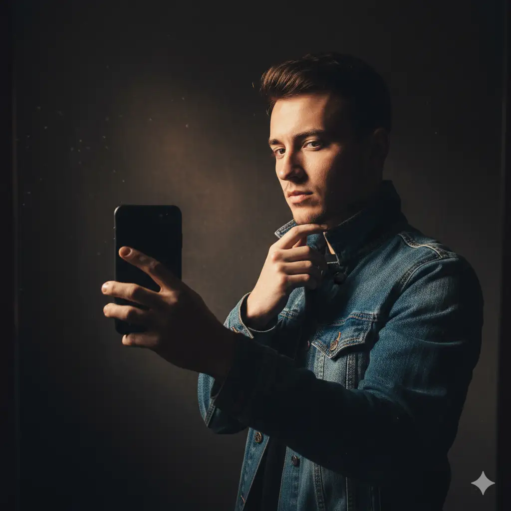 A moody, dramatic mirror selfie of a young man with a confident expression, standing in a dimly lit room. He's wearing a blue denim jacket, the collar slightly turned up, adding a rugged yet stylish edge to his look. His pose is strong and introspective, one hand holding a dark smartphone to capture the reflection, while the other rests thoughtfully on his chin. The background is dark, with minimal light softly illuminating his face and upper body, creating high contrast and deep shadows that emphasize his features. The lighting gives the image a cinematic, almost noir aesthetic. The mirror should not be shown.