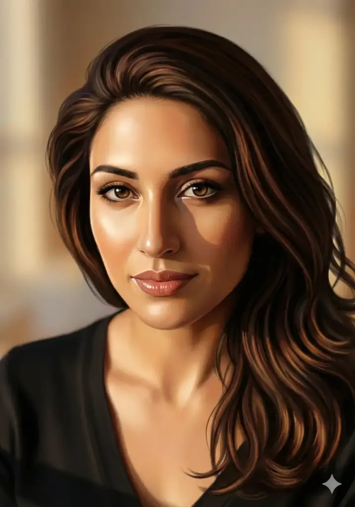 Create a clean digital painting of this portrait with smooth brushwork, polished skin textures, and soft gradients. Keep every feature realistic while adding artistic highlights and a crisp illustrated look.