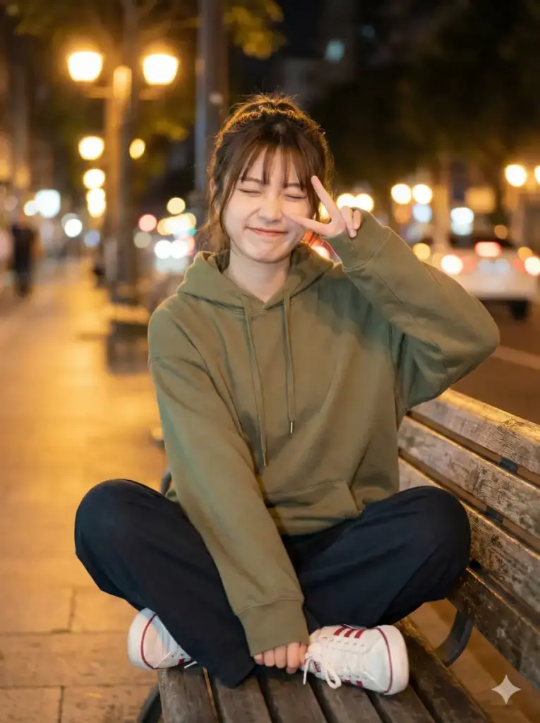 Create photo of a young woman sits cross-legged on a wooden bench at night, posing playfully with her eyes closed and forming a peace sign near her face. She wears an oversized olive-green hoodie. Her hair is tied back with loose bangs framing her face, softly illuminated by warm streetlights. She pairs the hoodie with loose black pants and white sneakers with subtle red accents. The background is a softly blurred night street filled with golden bokeh lights from street lamps and passing cars, creating a dreamy, cinematic atmosphere. The overall mood is relaxed, warm, and slightly whimsical, with a shallow depth of field, soft lighting, and a cozy urban-night aesthetic. Shot in a portrait orientation with a natural, candid photographic style. Use aspect ratio 3:4.