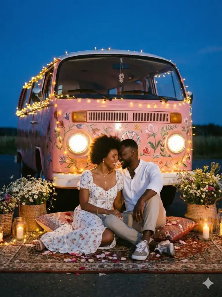 Create a warm, dreamy outdoor couples' portrait set during the early evening blue hour. A couple sits together on a patterned rug beside a vintage pink Volkswagen van decorated with hand-painted floral designs and wrapped in soft golden fairy lights. The van's headlights glow warmly, casting a gentle light on the couple's faces. The woman wears a flowing white floral dress, long hair styled naturally, and delicate jewelry. The man wears a white shirt with the sleeves rolled up, beige trousers, and white sneakers. Both smile warmly, seated on patterned floor cushions with rose petals scattered across the rug. Surround the scene with rustic woven baskets filled with white daisies, wildflowers, and greenery. Lit candles in glass jars and strands of fairy lights add a magical, romantic ambiance. Use aspect ratio 3:4.