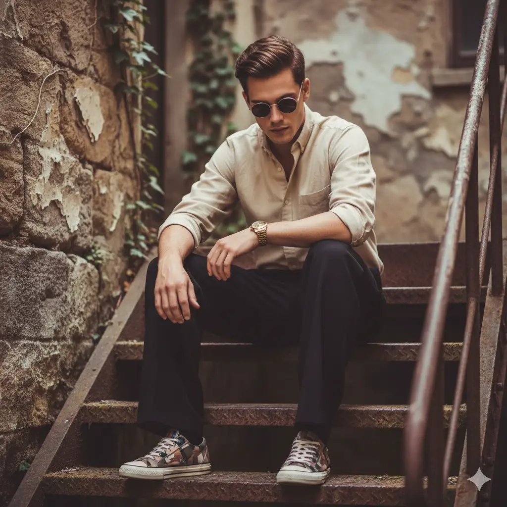 Create photo of a stylish young man sits on rustic metal stairs outdoors, leaning slightly forward with a thoughtful, relaxed pose. He wears round dark sunglasses. His outfit includes a light beige button-up shirt with rolled-up sleeves, loose black pants, and patterned canvas sneakers. He also wears a gold wristwatch that catches subtle natural light. The setting features weathered stone walls and aged iron railings, creating a vintage, urban-decay atmosphere. Soft, diffused daylight enhances the earthy tones and textures. Capture a cinematic, editorial fashion-photography look with shallow depth of field and warm, muted color grading.