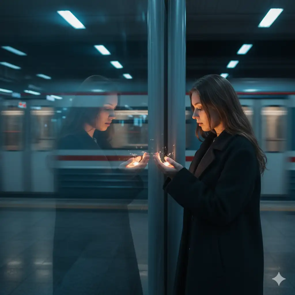 Create photo of a young woman stands in a dimly lit train station, leaning against a reflective glass wall that captures her full mirrored profile. She wears a dark coat. The light cast a soft glow on her face and create delicate reflections on the glass beside her. A train speeds by in the background, appearing as a blurred streak of motion in muted blue, red, and gray tones. Her expression is thoughtful and distant as she gazes at the lights in her palm. Capture a cinematic scene with soft warm highlights, cool ambient station lighting, motion blur from the passing train, and strong reflections that add depth and atmosphere.