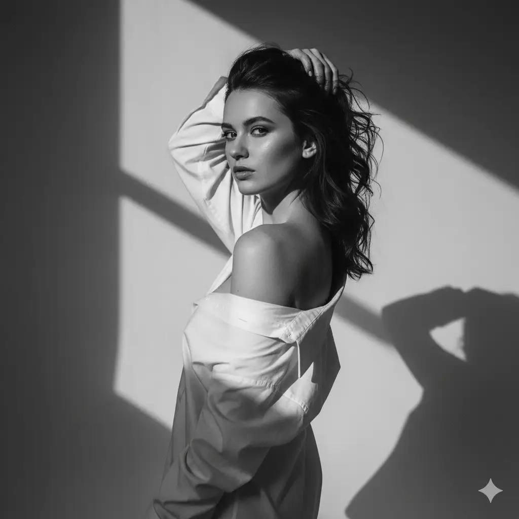 Create a striking black-and-white studio portrait of a young woman in a minimalist, high-fashion pose. She wears an oversized white shirt with one shoulder elegantly slipped down, revealing soft highlights and shadows across her skin. Her expression is intense yet calm as she gazes toward the camera, one hand lifting her hair in a natural yet powerful gesture. The composition features dramatic lighting with geometric shadows cast across a plain backdrop, emphasizing contrast, form, and emotion. The overall mood evokes a sense of sophistication, quiet strength, and timeless elegance, blending fine-art photography with editorial sensibility.
