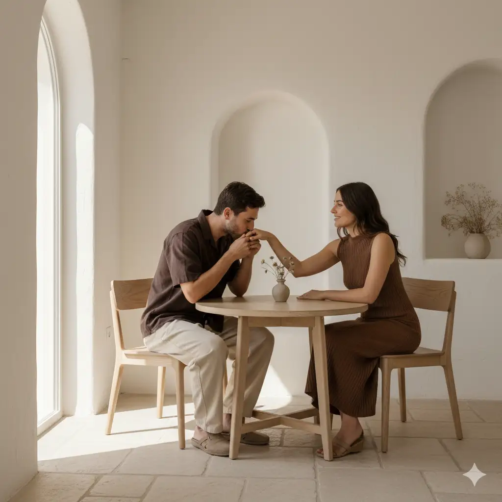 A romantic, minimalist café scene featuring a couple sharing an intimate moment inside a modern, white-textured interior. The man, dressed in a dark brown shirt and beige trousers, leans forward slightly across a round wooden table to gently kiss the woman's hand. The woman, sitting gracefully in a sleeveless brown knit dress, smiles softly as she looks at him, her arm extended across the table. The café has a clean, Mediterranean-inspired design with white stucco walls, warm wooden furniture, and soft natural lighting.