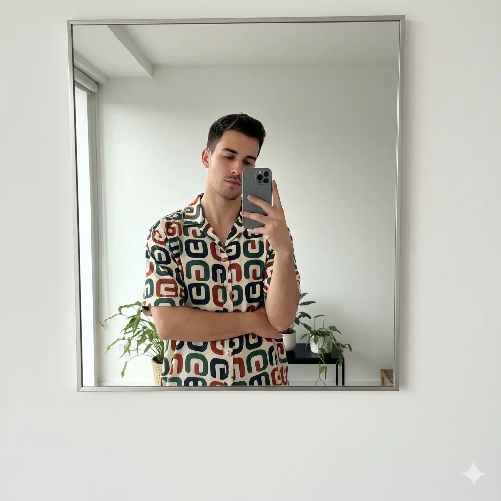 A young man taking a stylish mirror selfie indoors, standing against a plain white wall. He is wearing a cream-colored short-sleeve button-up shirt with a bold geometric pattern in green, orange, navy, and red. The shirt has a relaxed, casual fit with a retro design. He poses confidently with one arm folded and the other holding his phone up to take the picture. The lighting is soft and even. His expression is calm and self-assured, with a hint of attitude.