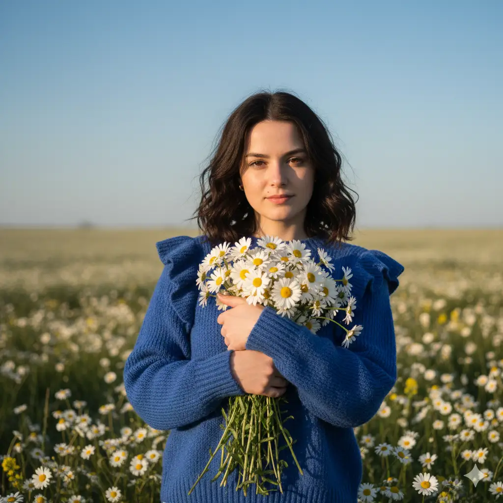 Create a serene outdoor portrait of a young woman standing in the middle of a blooming daisy field under a clear blue sky. She wears a cozy royal blue sweater with soft ruffle details on the shoulders, her dark wavy hair flowing naturally in the gentle breeze. She holds a large bouquet of fresh white daisies close to her chest, their yellow centers complementing the warm sunlight. The soft lighting and shallow depth of field bring focus to her calm expression while the background fades into a dreamy blur of flowers and sky. The overall scene captures the freshness of spring, purity, and natural beauty in a tranquil countryside setting.