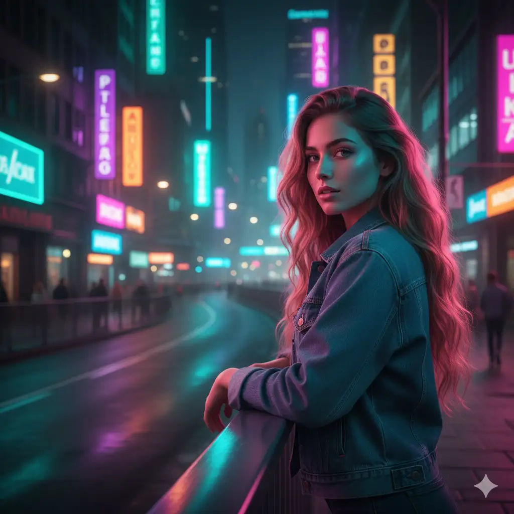 Create photo of a young woman stands on a neon lit city street at night, leaning casually against a metal surface while looking toward the camera with a confident, slightly enigmatic expression. Her long wavy hair catches the glow of vibrant pink and blue lights that wash across her face and denim jacket. The street behind her curves gently and is filled with illuminated signs in various bright colors, creating a futuristic urban atmosphere. Reflections from the neon lights shimmer on nearby surfaces and the overall scene has a soft, cinematic haze. Capture a cyberpunk inspired portrait with bold contrasting colors, dramatic side lighting, and a lively night city backdrop.