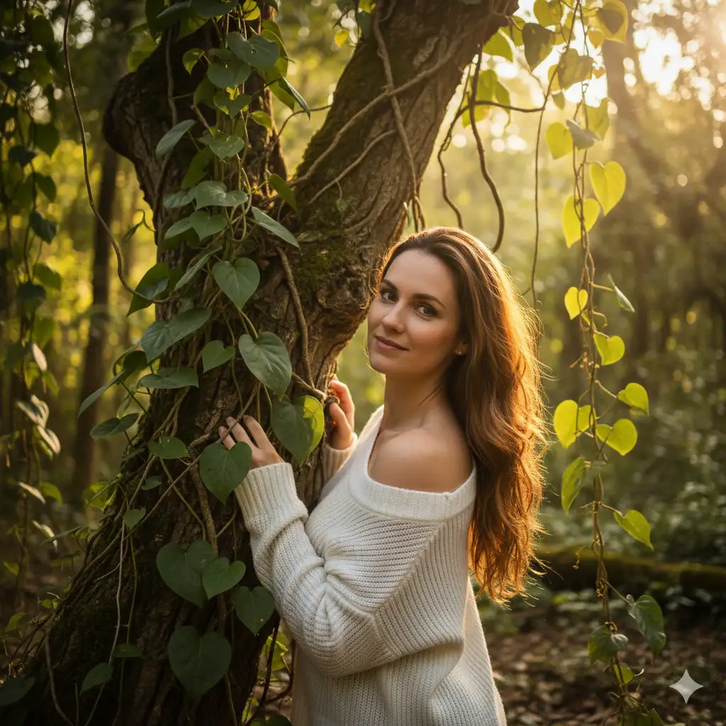 Create a warm, intimate outdoor portrait of a woman leaning against the trunk of a tree, surrounded by hanging vines and soft, dappled sunlight filtering through the leaves. She wears an off-shoulder white knit sweater that contrasts beautifully with the earthy tones of the setting. Her long, wavy hair cascades over her shoulder, catching the golden light, while her gaze is soft yet captivating, directed slightly toward the camera. The composition captures a delicate balance between light and shadow, with rays of sunlight illuminating her face and creating a natural, cinematic glow. The background is softly blurred, evoking the peaceful stillness of a forest or garden in late afternoon.