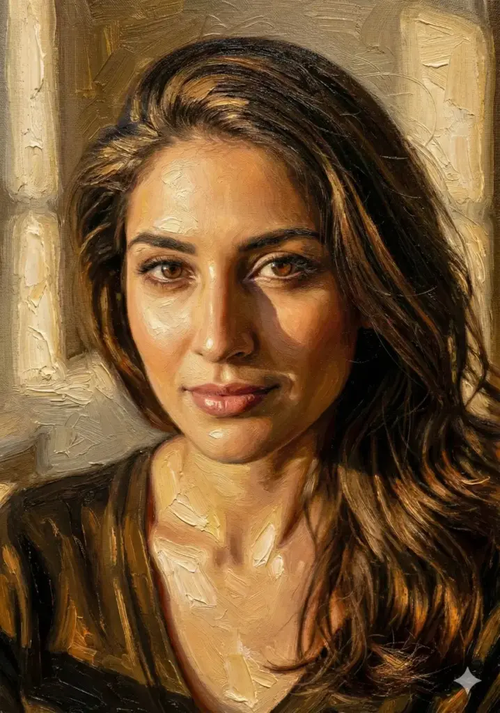 Create a portrait painted in thick oil textures with visible brush strokes. Use warm highlights, soft shadows, and a classic canvas surface. The face should stay detailed and natural with gentle color blending.