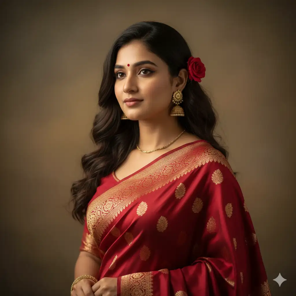 A beautiful portrait photo of a young woman in traditional attire, exuding timeless grace and poise. She wears a rich red saree adorned with delicate golden embroidery and fine details that shimmer subtly under soft, warm lighting. Her long wavy hair flows naturally over her shoulders, with a single red flower tucked behind her ear adding a romantic touch. She gazes slightly away from the camera, her expression serene and contemplative. A small red bindi graces her forehead, and she wears traditional gold jhumka earrings and a slender necklace. The background is softly blurred in muted tones, enhancing the subject's elegance and the deep, regal hue of her saree. The overall mood is cinematic and refined, reminiscent of a vintage studio portrait with modern warmth and sophistication.