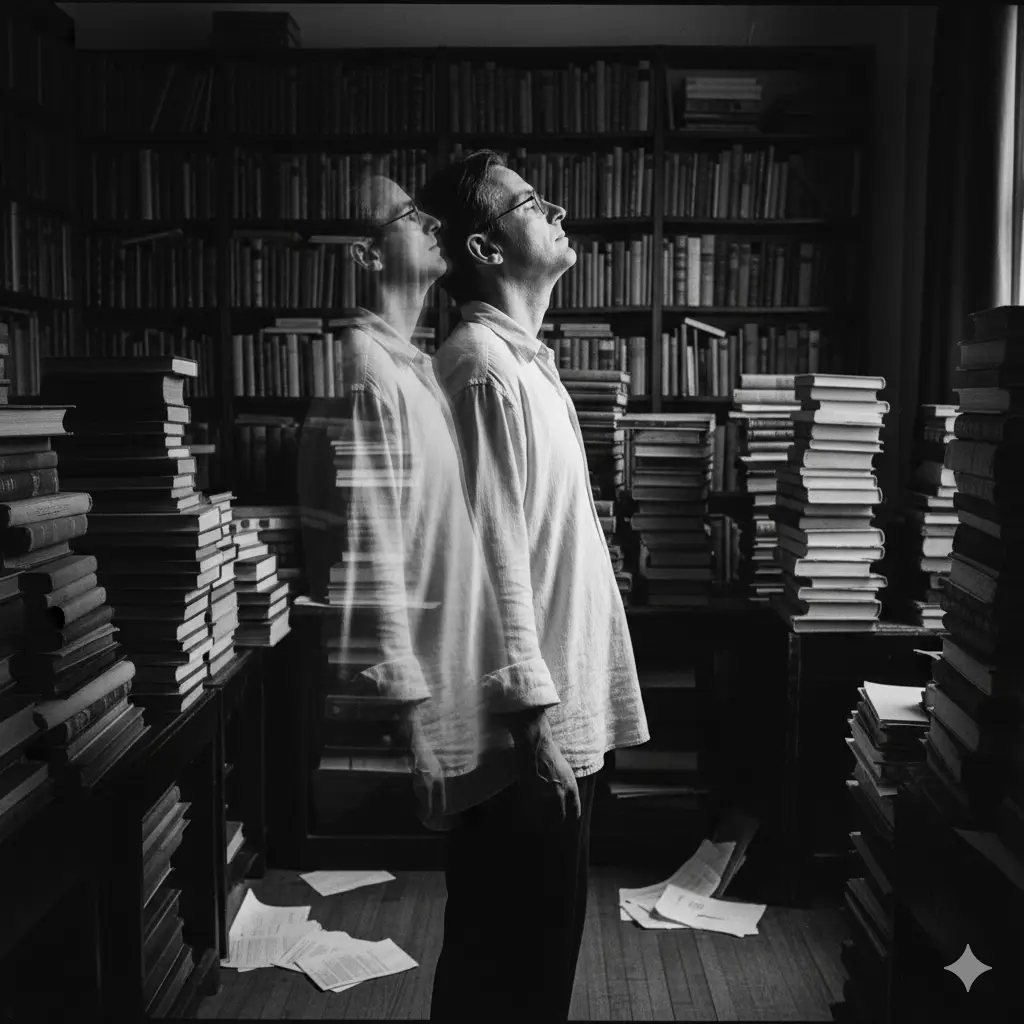 Create a monochrome portrait of a man standing in a cluttered study filled with towering stacks of books and scattered papers. He faces sideways with his head tilted back slightly, eyes closed behind thin glasses, giving a sense of introspection and quiet exhaustion. He wears a loose light-colored shirt with soft folds that catch the ambient light. A subtle motion blur trails behind him, creating a ghostlike second silhouette that suggests movement, memory, or inner turmoil. The background is dense with shelves packed tightly with books, forming a textured wall of vertical and horizontal lines. The overall atmosphere feels intellectual and moody with a blend of stillness and motion, rich in contrast and layered with narrative depth.