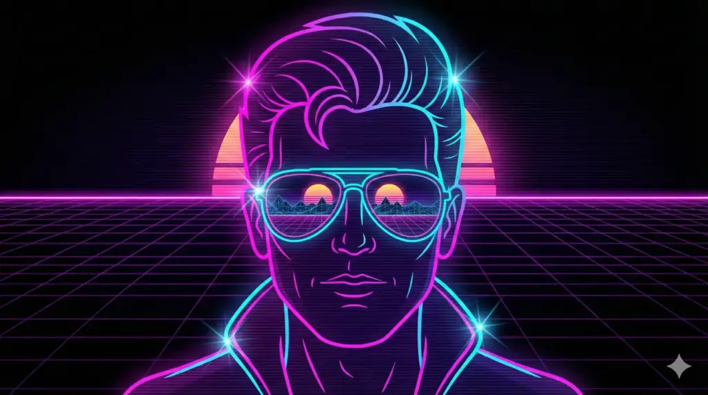 Create a Synthwave style cartoon portrait of a character wearing reflective aviator sunglasses. The background should be a dark grid with a glowing sun on the horizon. Use a palette of neon magenta, cyan, and deep purple. The lines should be glowing vectors against a black void in a 16:9 aspect ratio.