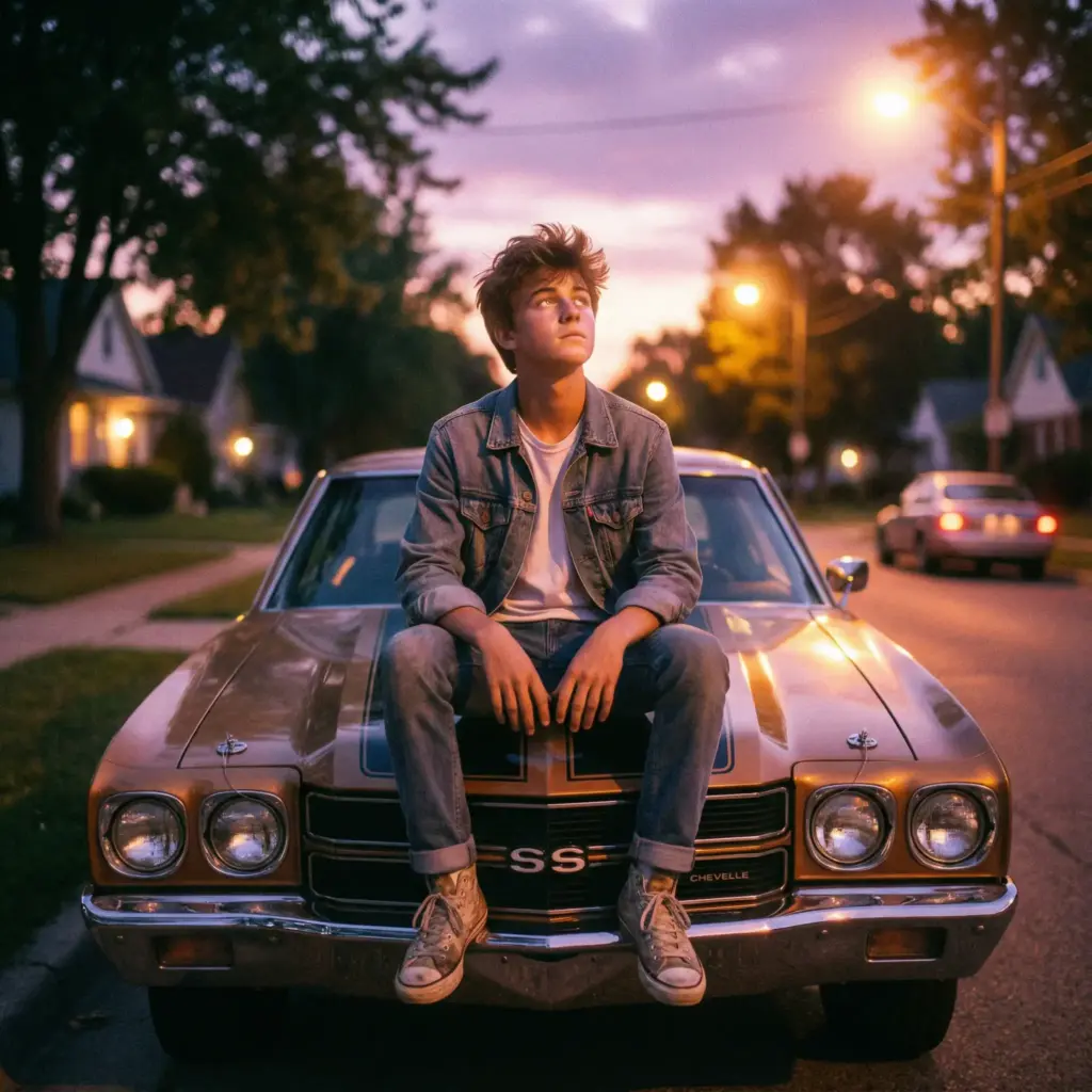 Create a warm, nostalgic cinematic shot set in a suburban street at dusk. A teenage boy with messy hair is sitting on the hood of a vintage muscle car. He is wearing a washed-out denim jacket over a white t-shirt and retro sneakers. He is looking up at the sky with a look of wonder and longing. The lighting is soft and magical, with a purple and orange sunset creating a silhouette effect. Add a heavy bloom effect to the streetlights in the background and simulate a soft focus lens to give it a dreamlike quality. Aspect ratio 1:1.