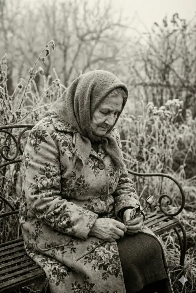 Create a portrait-style photograph with an aspect ratio of 2:3. The subject is an elderly woman sitting alone on a rusted wrought-iron bench in an overgrown, wintery garden. She is looking down at a dried, withered rose she is holding gently in her hands. She is wearing a vintage floral coat that looks slightly worn, and a wool headscarf. The weather appears foggy and cold. The background should be blurred (shallow depth of field) to focus entirely on her expression of longing and sorrow. The color tone should be monochromatic with a very slight sepia tint, evoking the feeling of an old memory fading away.