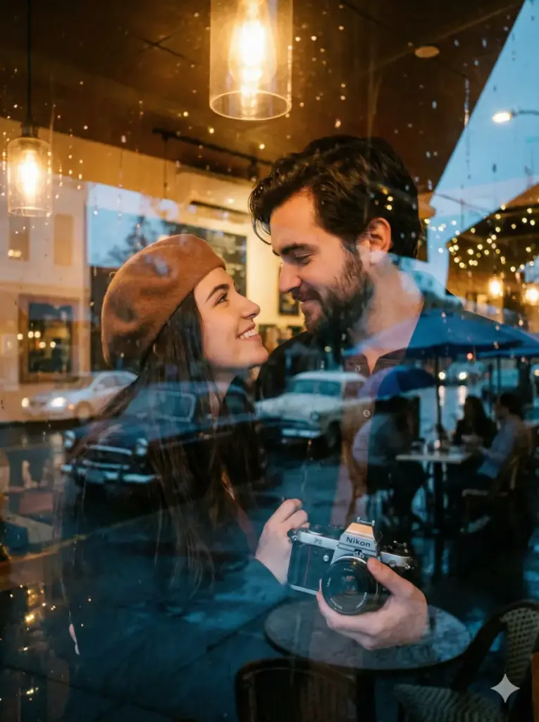 Create a warm, intimate portrait of a young couple captured through a café window, with soft reflections of the street, cars, and outdoor seating blending into the frame. The woman wears a stylish brown beret and has long dark hair, gazing up at the man with a bright, affectionate smile. The man, with neatly groomed dark hair and a trimmed beard, looks down at her warmly while holding a vintage silver Nikon film camera in his hands. The glass creates layered reflections of café tables, chairs, and soft city movement, giving the image a dreamy, cinematic feel. The indoor lighting is cozy and warm, contrasting gently with the cooler outdoor tones. The focus is soft yet intentional, highlighting their expressions while allowing the reflections to add depth. Use 3:4 aspect ratio.