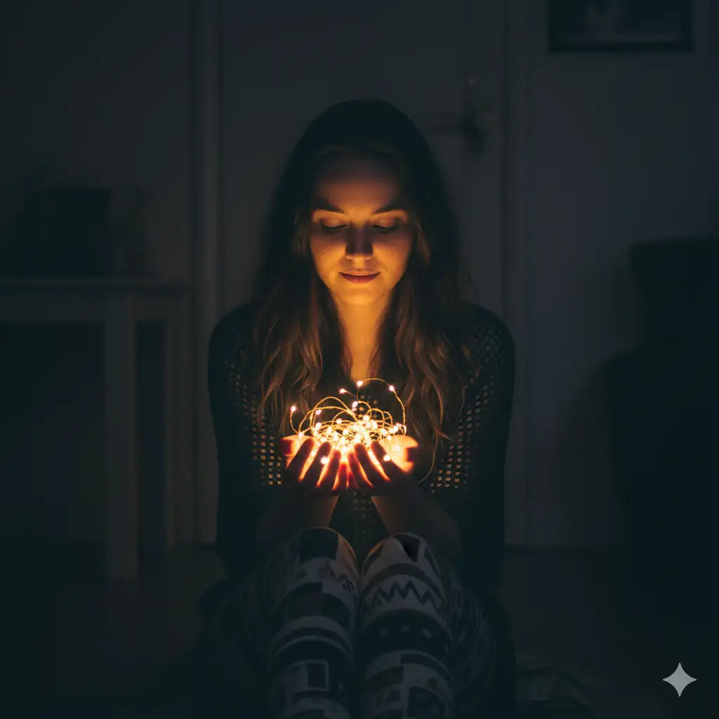 Create photo of a young woman sits in a dimly lit room, her face softly illuminated by a small cluster of warm fairy lights cupped in her hands. The surrounding space fades into deep shadow, creating a quiet and intimate atmosphere. She gazes downward toward the light with a calm, contemplative expression. Her long hair falls gently over her shoulders and she wears a dark, semi-sheer top that catches the faint glow. Her legs are folded beneath her, partially visible with patterned fabric adding subtle visual texture. Capture a low-light portrait that emphasizes warm highlights, deep contrast, and a serene mood, with the fairy lights serving as the only light source.