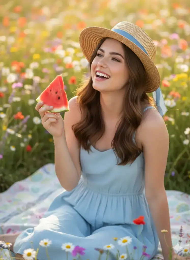 Create a cute girl photo of a happy young woman sitting on a picnic blanket in a flower field, wearing a light blue sundress and a straw hat. She's laughing while holding a slice of watermelon. The photo is taken during golden hour with warm sunlight and soft bokeh from wildflowers in the background. Emphasize pastel tones and a dreamy atmosphere.