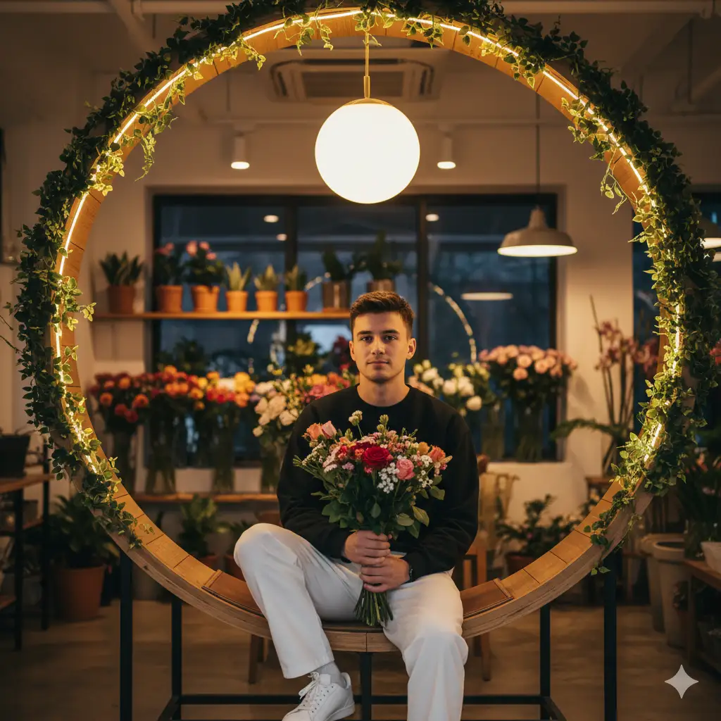 Create a stylish indoor portrait of a young man sitting casually in a circular wooden frame decorated with lush green vines and illuminated by soft LED lights. A glowing round lamp hangs at the center above him, adding a warm, ambient light to the scene. He wears a black sweatshirt, white pants, and white sneakers, holding a colorful bouquet of flowers with roses and greenery. The background shows a softly blurred café or floral shop filled with warm light and vibrant blooms, creating a cozy, modern atmosphere. The overall composition feels balanced and elegant.